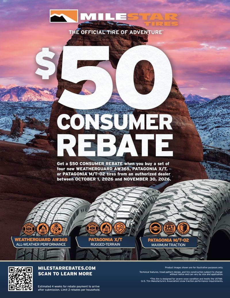 Milestar $50 consumer rebate: get $50 back when you buy a set of four new Milestar Weatherguard AW365, Patagonia X/T, or Patagonia M/T-02 tires from an authorized dealer between October 1, 2026 and November 30, 2026. Submit at milestarrebates.com. Available at Llantera Del Norte INC, 606 Peoria St, Aurora, CO